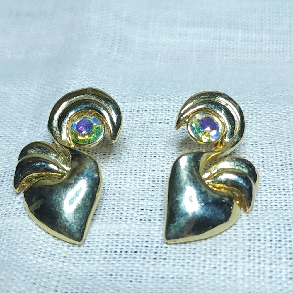 Vintage Gold Tone Earrings Gold Tone Aurora Borealis Pierced Dangle 1.2"